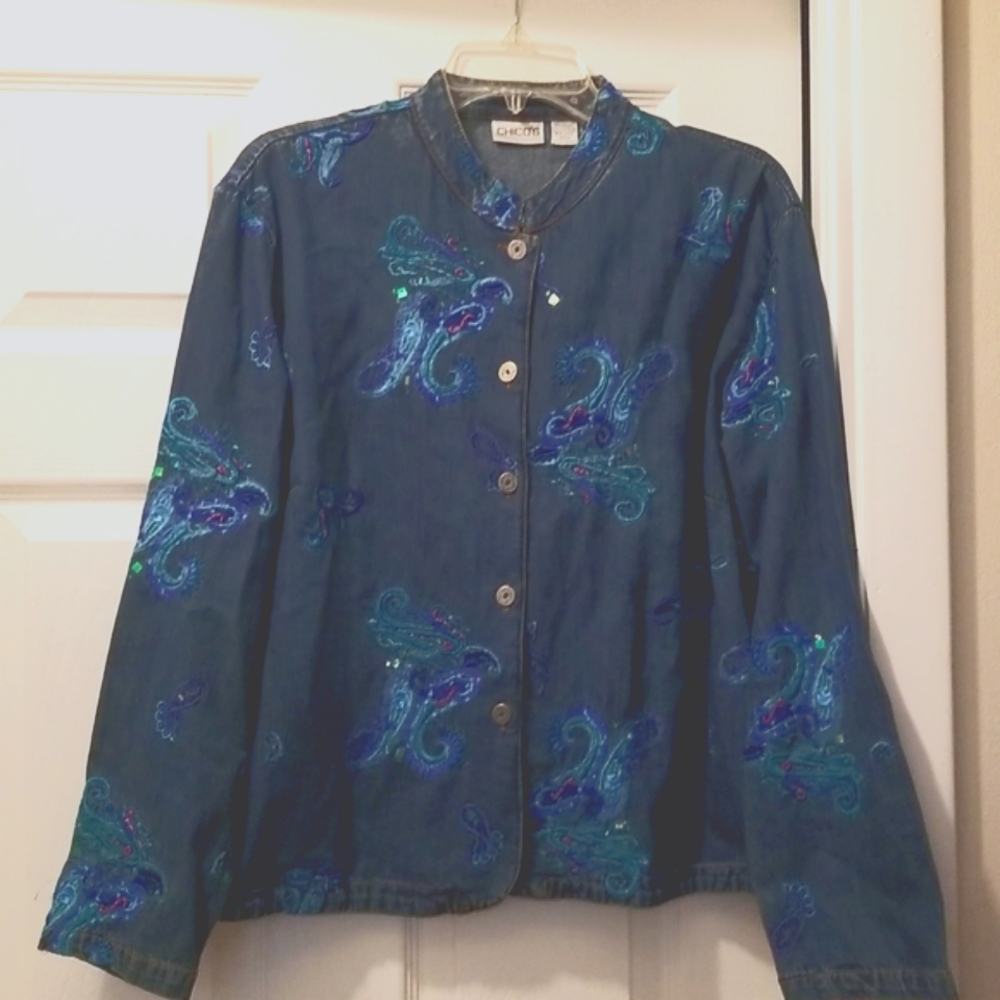 Chico's Sequin Embroidered Jean Jacket Size 2 Lovely & Stylish